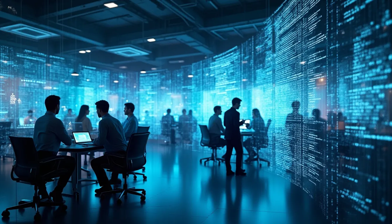 protezione dei dati dei lavoratori in Italia: ufficio moderno con flussi di dati, dispositivi tecnologici, AI e simboli di GDPR, Statuto dei Lavoratori e IA Act