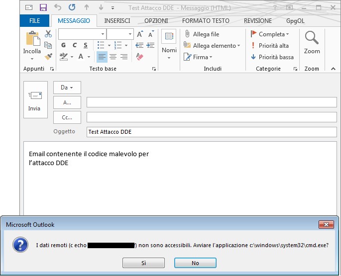 Potenziale attacco DDE (Dynamic Data Exchange) con la interfaccia di Microsoft Outlook per comporre un'e-mail. Sotto c'è una finestra di dialogo che chiede conferma per avviare cmd.exe.