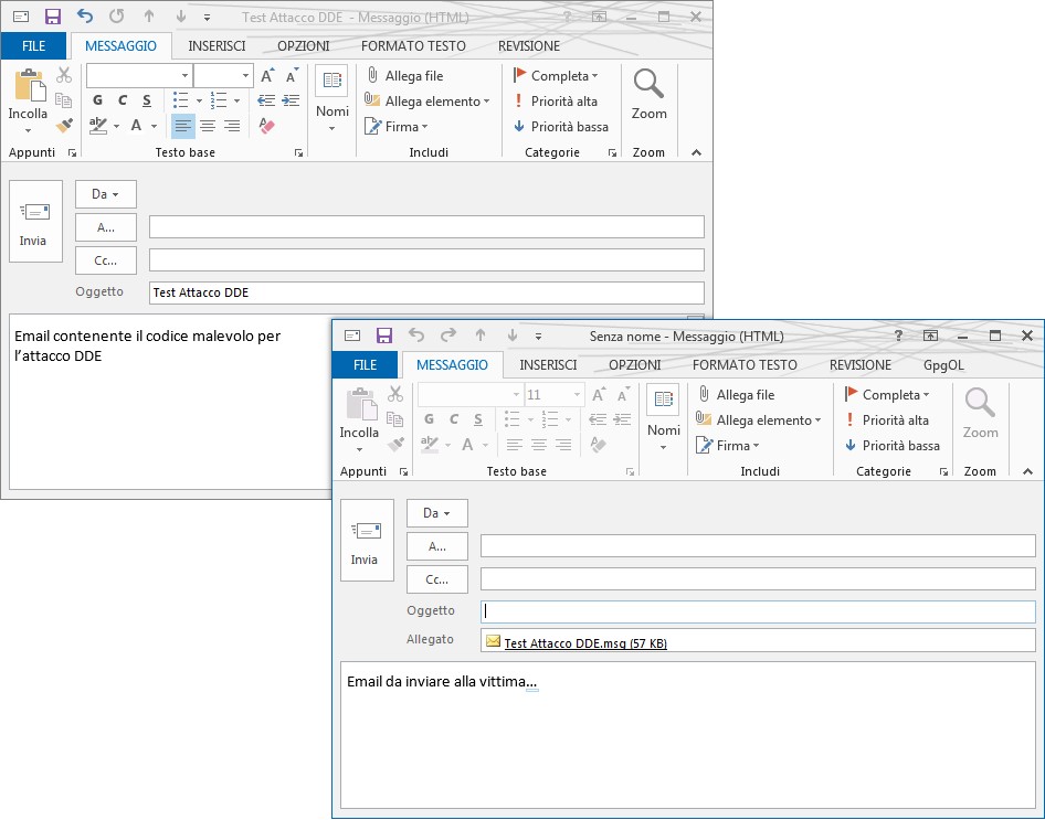 L'immagine mostra due finestre di Microsoft Outlook sovrapposte. La finestra superiore prepara un'email con oggetto "Test Attacco DDE". La finestra inferiore mostra un'email in preparazione con un allegato "Test Attacco DDE.msg" e il testo "Email da inviare alla vittima...".