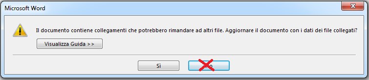 Finestra di avviso di Microsoft Word. Il messaggio chiede se aggiornare il documento con i dati dei file collegati. Sono presenti i pulsanti "Visualizza Guida", "Sì" e "No", con quest'ultimo evidenziato e segnato con una X rossa.