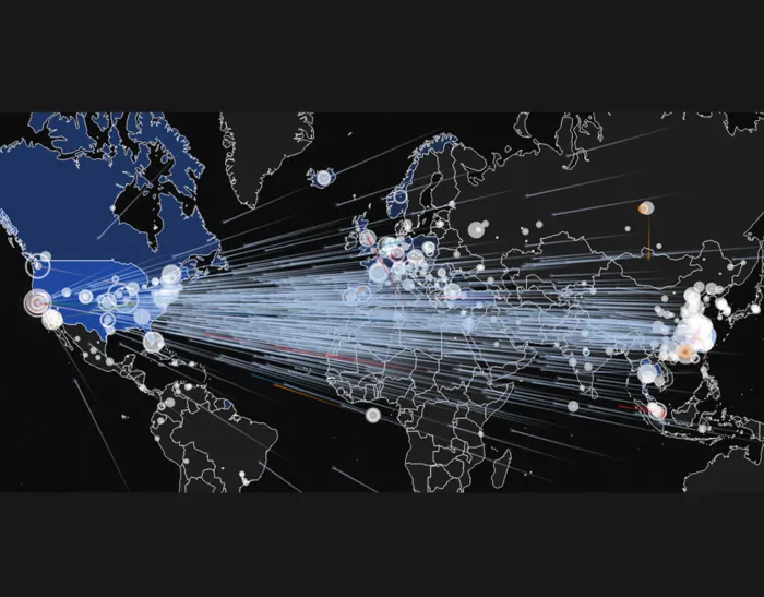 Rappresentazione visiva di quali sono gli obiettivi principali dell'attacco informatico ddos. Il sito è inattivo a causa di un'enorme quantità di traffico dannoso. Cybersecurity, hacking e continuità aziendale sono temi chiave.
