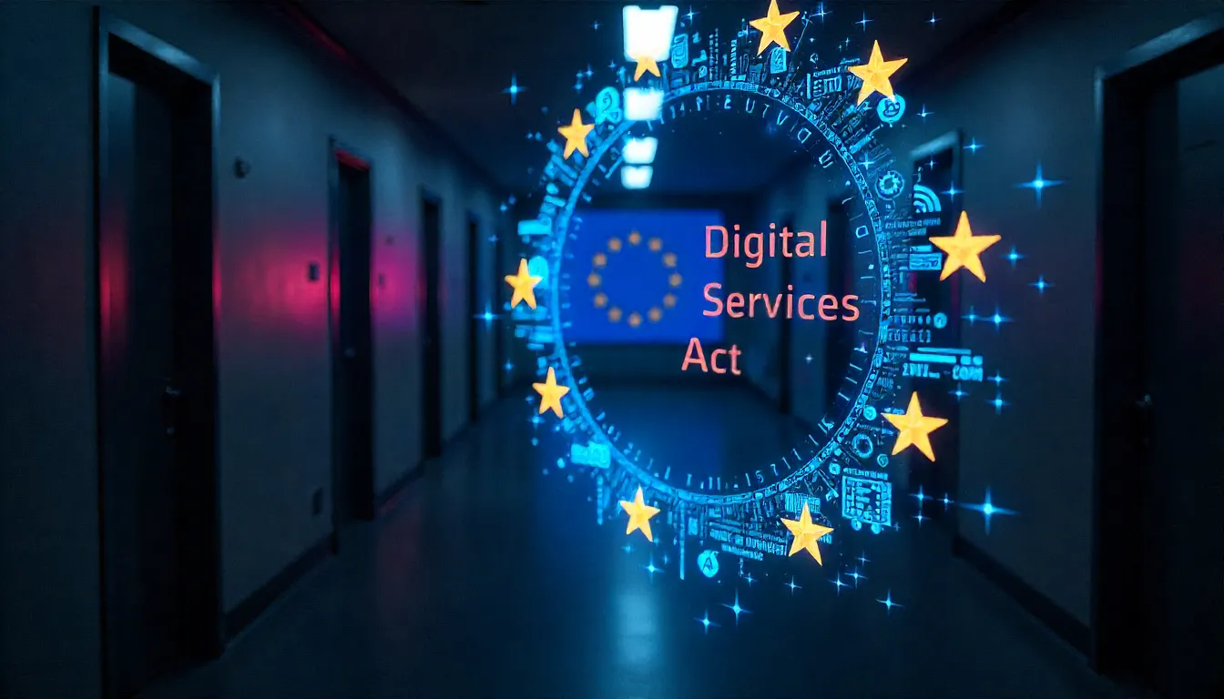 Digital Services Act', simbolo della regolamentazione delle grandi piattaforme digitali come TikTok, Meta, X, YouTube e Amazon, e della tutela dei diritti fondamentali e della trasparenza nell'era digitale.