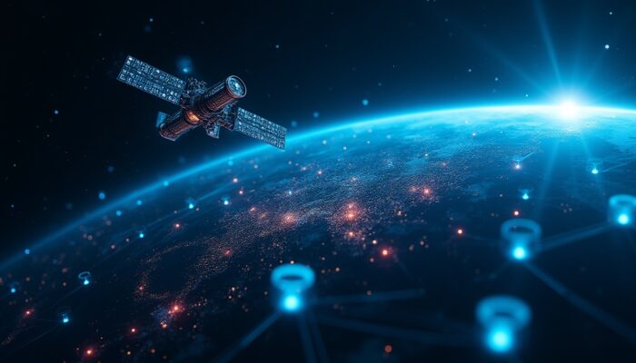 Illustrazione futuristica del dominio spaziale con satelliti e flussi di dati digitali che circondano la Terra.