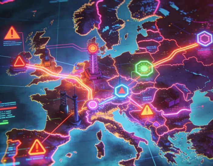 Illustrazione cyber corporate del EU Cyber Blueprint: mappa europea con infrastrutture critiche connesse digitalmente, simboli di sicurezza informatica e coordinamento multilivello tra istituzioni UE e CSIRT nazionali.