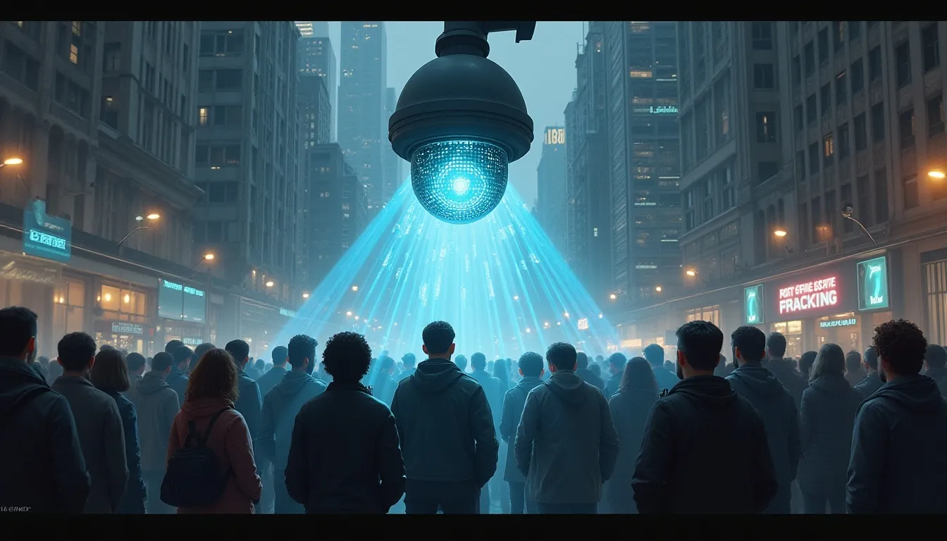 Illustrazione digitale che rappresenta la tensione tra tecnologia di sorveglianza avanzata e diritti civili negli Stati Uniti, con una telecamera futuristica che utilizza il facial recognition per tracciare le persone nella folla