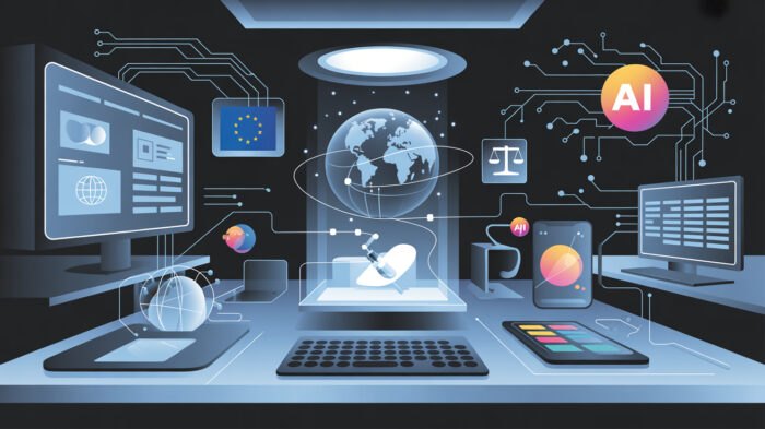 Digital Forensics come base scientifica dell’intelligence digitale moderna, con flussi di dati, interfacce olografiche e simboli di intelligenza artificiale, OSINT e ADINT, in un contesto tecnologico e regolato dalle normative europee su privacy e AI e framework