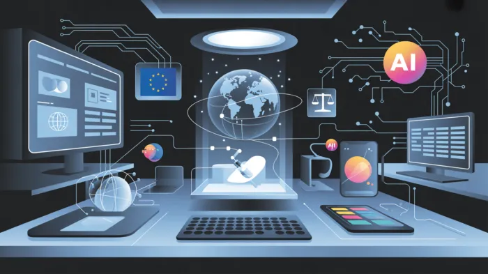 Digital Forensics come base scientifica dell’intelligence digitale moderna, con flussi di dati, interfacce olografiche e simboli di intelligenza artificiale, OSINT e ADINT, in un contesto tecnologico e regolato dalle normative europee su privacy e AI e framework