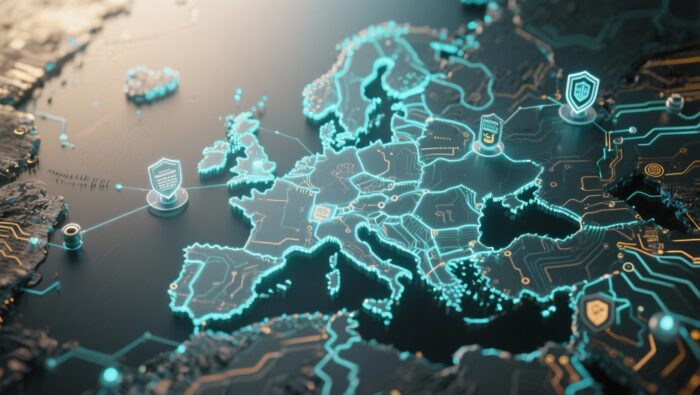 implementazione NIS2 nell’Unione Europea, con mappa d’Europa connessa da linee cyber blu a simboleggiare cooperazione, resilienza e sicurezza informatica.
