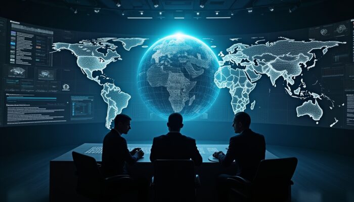Illustrazione concettuale di intelligence economica e sicurezza nazionale, con dati, mappe globali e analisi strategiche