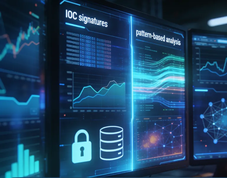 Schema concettuale di sicurezza informatica con evidenza degli IOC (Indicatori di Compromissione), analisi del traffico di rete e pattern comportamentali per la rilevazione di minacce e possibili compromissioni nei dispositivi.