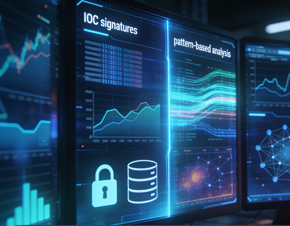 Schema concettuale di sicurezza informatica con evidenza degli IOC (Indicatori di Compromissione), analisi del traffico di rete e pattern comportamentali per la rilevazione di minacce e possibili compromissioni nei dispositivi.