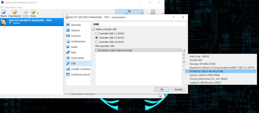 L'immagine mostra il software VirtualBox Gestione di Oracle VM, con le impostazioni USB della macchina virtuale "KALI ICT SECURITY MAGAZINE - TEST". È possibile vedere che il filtro dispositivi USB include "ATHEROS USB2.0 WLAN [0108]", che è un dispositivo USB wireless.