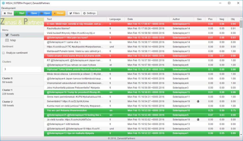 Screenshot di un'applicazione software o di una dashboard. Il titolo principale indica che è correlato a "MSZA | SOTERIA Project | Zanasi & Partners" e visualizza una tabella o un registro di vari tweet, messaggi o post. La tabella contiene informazioni come lingua, data, autore, tag geografico, sentiment positivo/negativo e altre metriche rilevanti per ogni elemento.