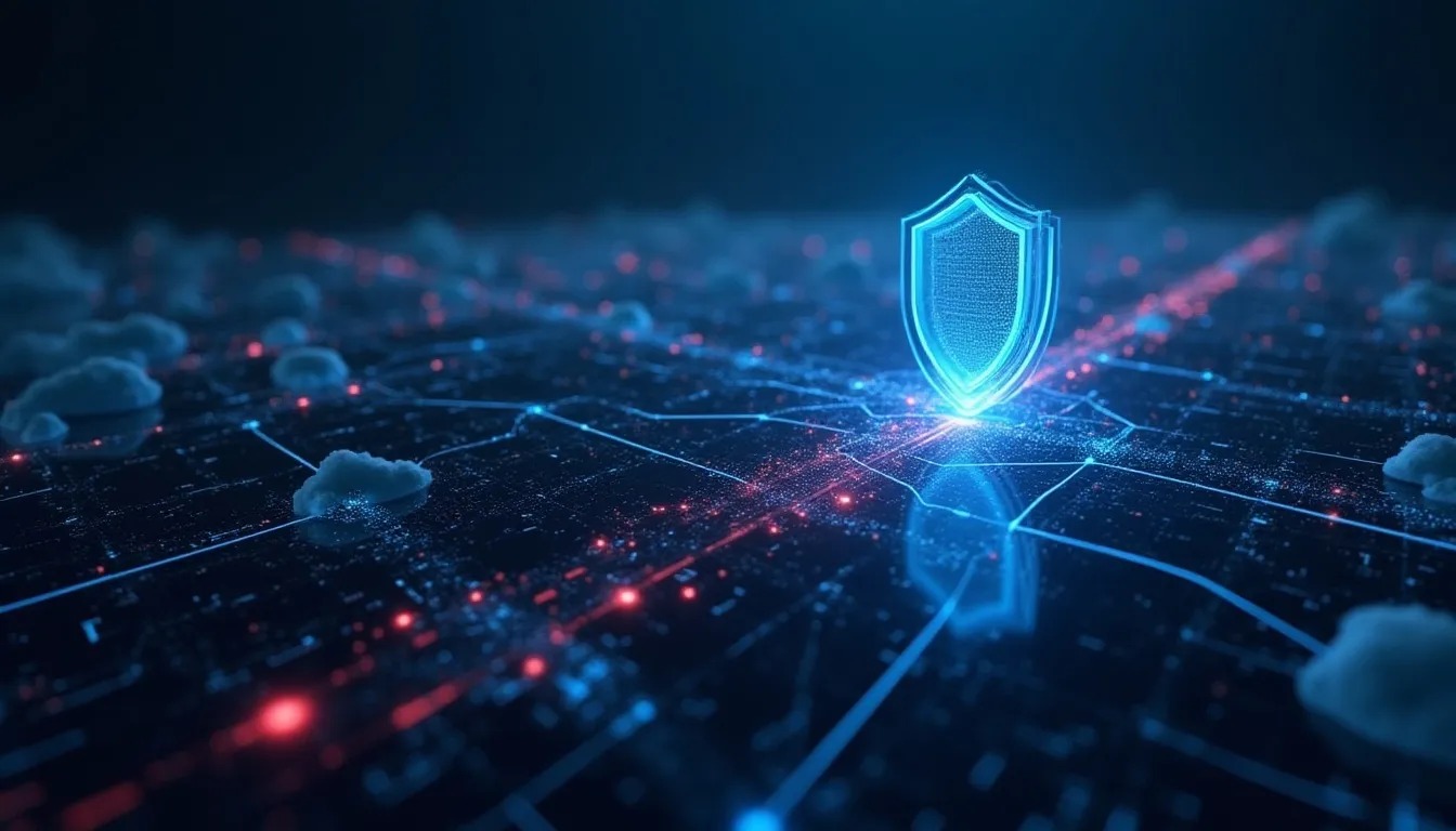Immagine concettuale di cyber resilience che rappresenta la resilienza operativa delle aziende secondo OpenText. Una rete digitale luminosa connette cloud, server e identità, mentre segnali di minaccia vengono intercettati da scudi blu che proteggono l’infrastruttura. L’immagine simboleggia la continuità dei servizi e la capacità di rilevazione e risposta avanzata offerte dalle soluzioni OpenText Core Adversary Signals e Core TDR, in linea con i requisiti NIS2 per la sicurezza informatica.