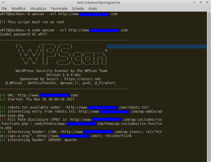 Interfaccia di configurazione di WPscan, un tool di penetration testing, utilizzato per eseguire test di sicurezza su applicazioni web. La schermata presenta una serie di opzioni e impostazioni che l'utente può selezionare per personalizzare la scansione.