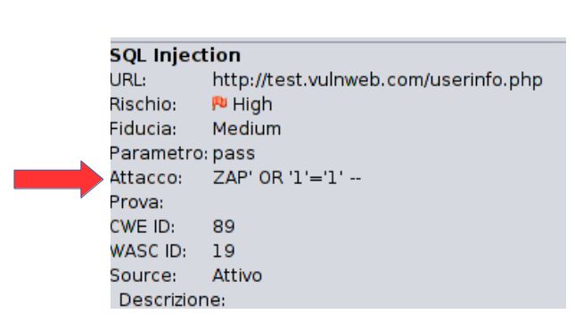 L'immagine mostra un report di risultati generato da uno strumento di scanning delle vulnerabilità, probabilmente dopo aver effettuato un penetration test su un sito web o un'applicazione.