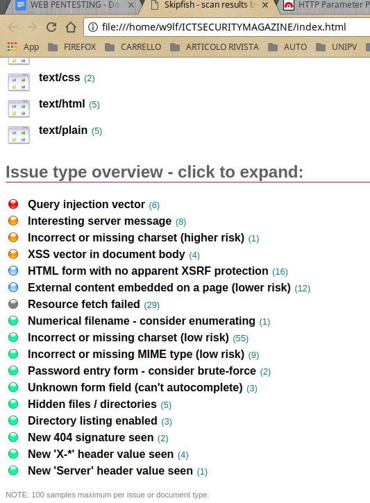 L'immagine mostra un report generato da Skipfish, un tool di scanning per la sicurezza delle applicazioni web. La schermata visualizzata è un riepilogo dei problemi identificati durante la scansione del sito web.