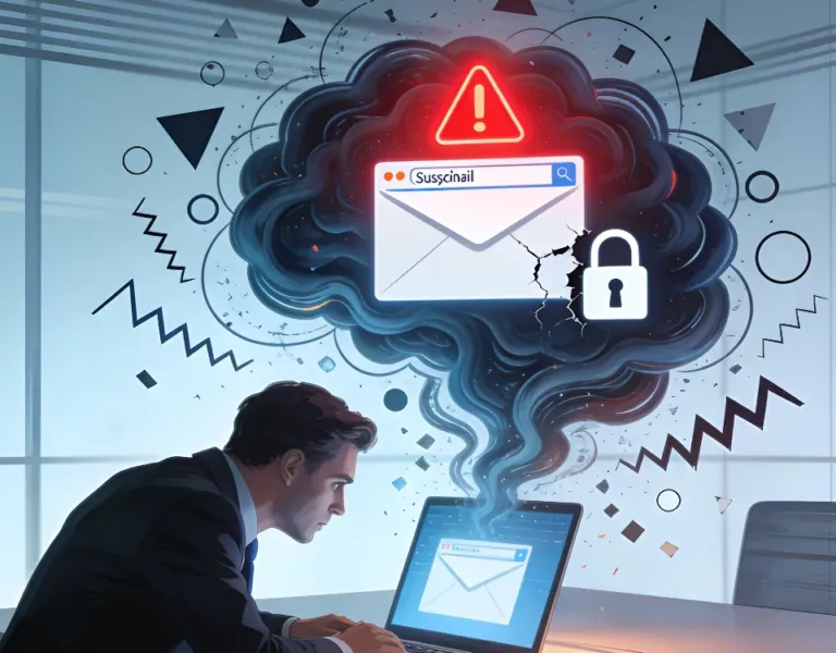 Dipendente in ufficio che interagisce con un’email di phishing aziendale su un laptop, con elementi grafici che rappresentano vulnerabilità umana, stress e overconfidence nella sicurezza informatica.