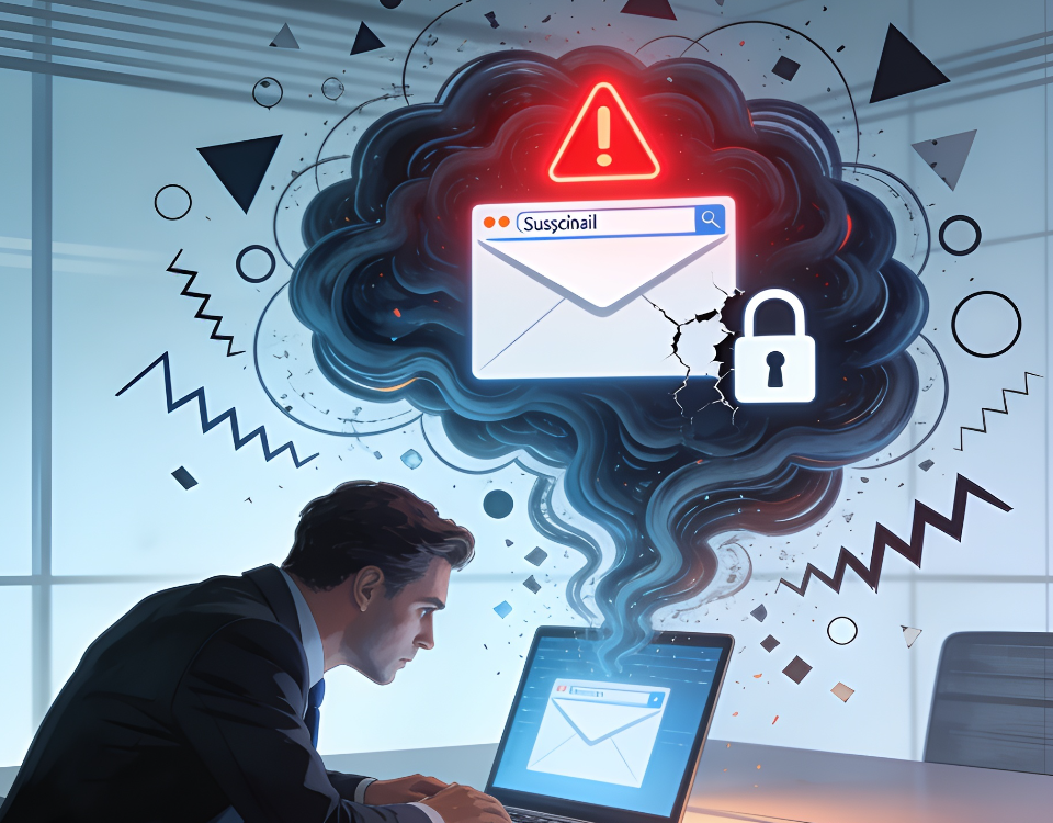 Dipendente in ufficio che interagisce con un’email di phishing aziendale su un laptop, con elementi grafici che rappresentano vulnerabilità umana, stress e overconfidence nella sicurezza informatica.
