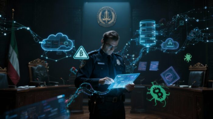 Polizia giudiziaria italiana alle prese con crimini informatici: investigatore digitale analizza dati, malware e ransomware in un contesto tecnologico e legale complesso.