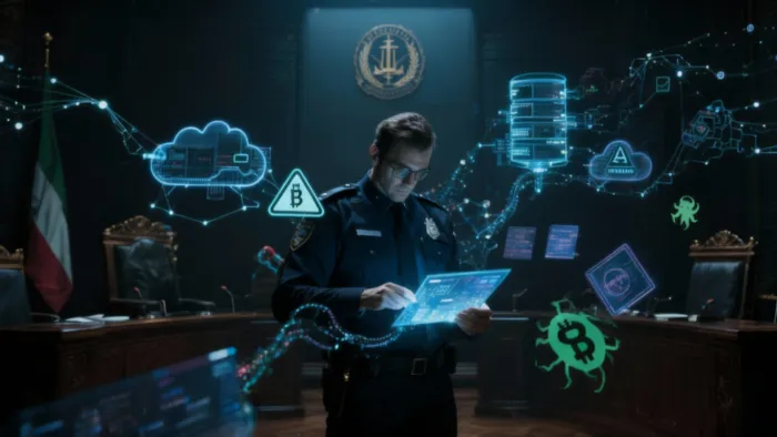 Polizia giudiziaria italiana alle prese con crimini informatici: investigatore digitale analizza dati, malware e ransomware in un contesto tecnologico e legale complesso.