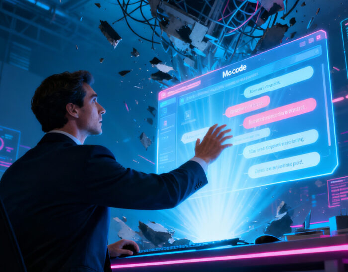 Illustrazione dei limiti del prompt engineering e dei rischi del no-code nello sviluppo software e nelle decisioni manageriali.