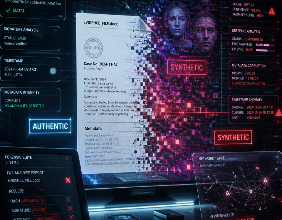 Illustrazione concettuale della prova digitale nell’era dell’AI, tra dati forensi, deepfake e tecniche anti-forensics.