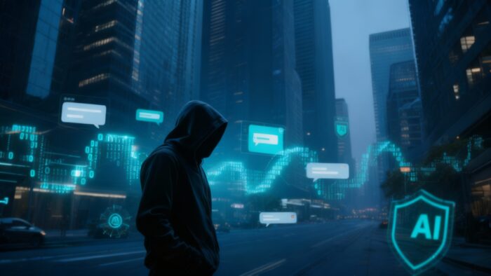 ransomware 2025 con un hacker davanti a schermi digitali, flussi di dati crittografati e simboli di cybersicurezza, a rappresentare l’evoluzione delle minacce informatiche e delle strategie di difesa aziendale.