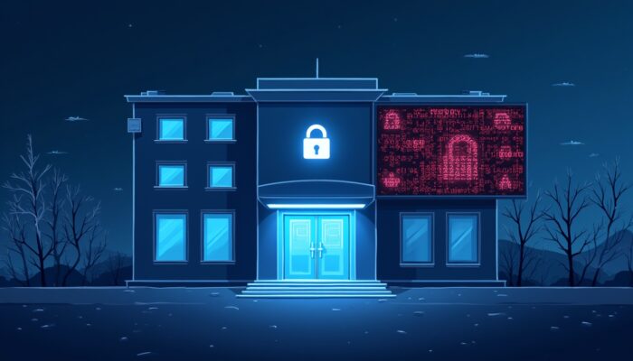 ransomware ospedali: un ospedale stilizzato con simboli digitali e lucchetti, a rappresentare la minaccia informatica al settore sanitario