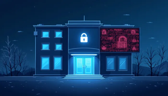 ransomware ospedali: un ospedale stilizzato con simboli digitali e lucchetti, a rappresentare la minaccia informatica al settore sanitario