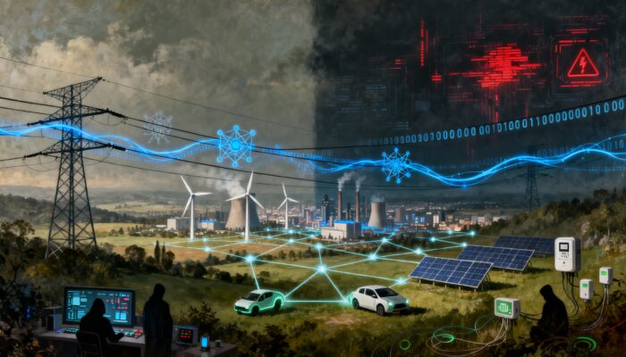 smart grid moderna: rete elettrica digitale interconnessa con fonti rinnovabili, veicoli elettrici e sistemi IoT, minacciata da attacchi cyber e vulnerabilità informatiche.