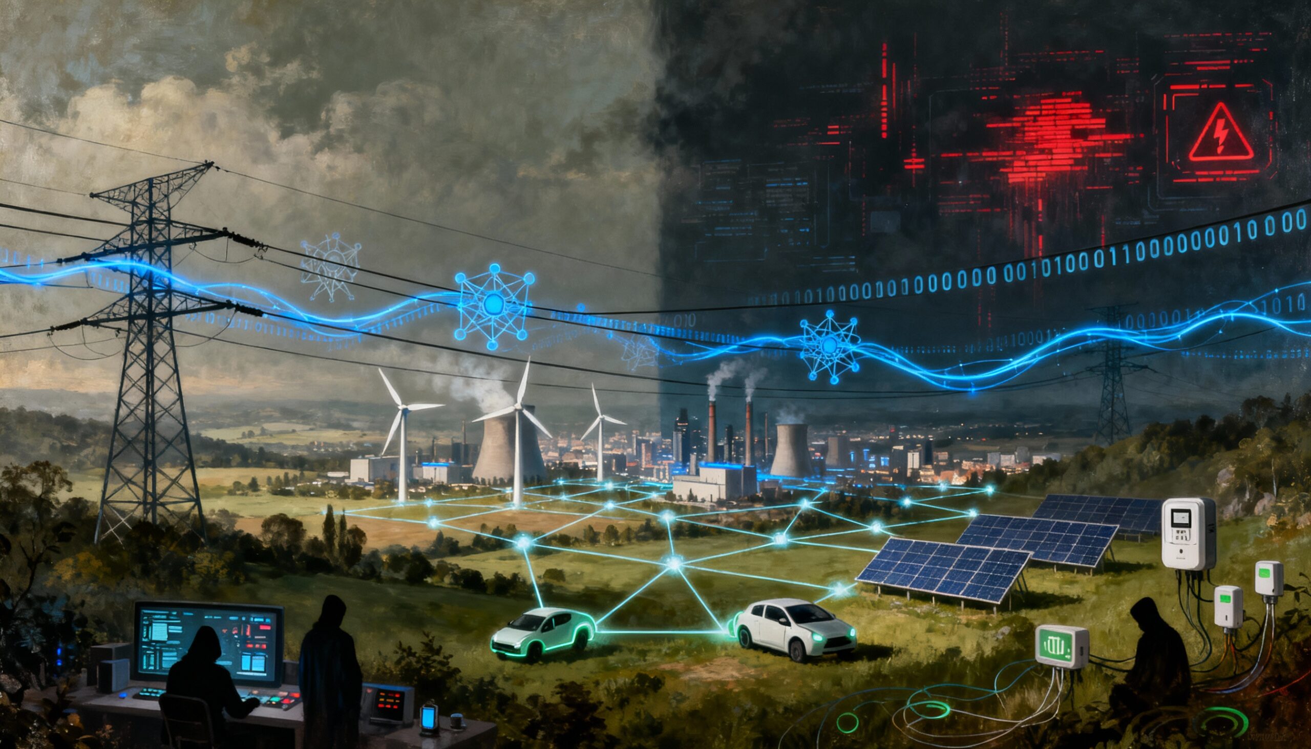 smart grid moderna: rete elettrica digitale interconnessa con fonti rinnovabili, veicoli elettrici e sistemi IoT, minacciata da attacchi cyber e vulnerabilità informatiche.