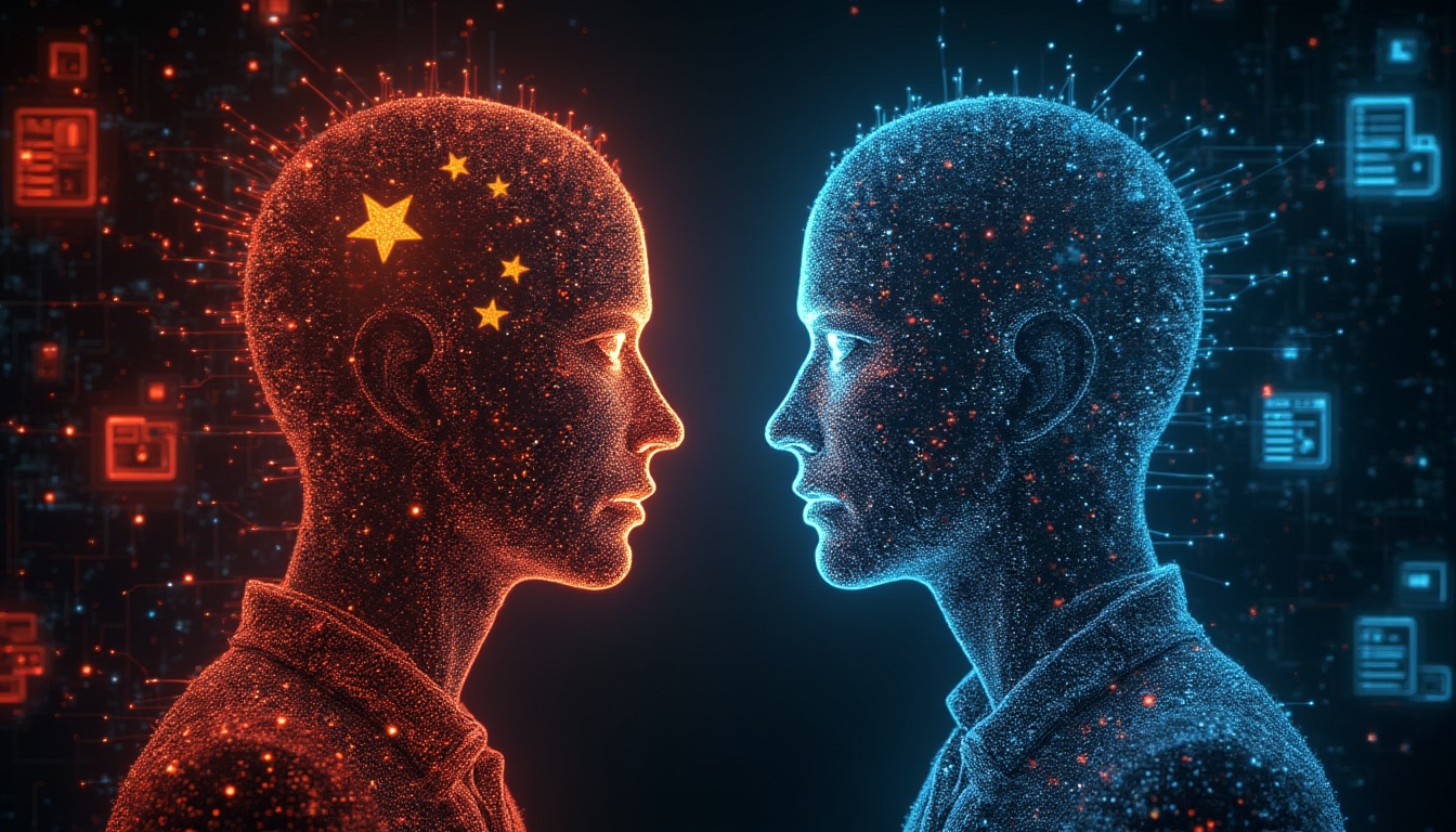 Illustrazione digitale che rappresenta la sorveglianza digitale e il confronto tra Cina e Occidente, con silhouette umane stilizzate, flussi di dati, icone di telecamere e social media in uno stile futuristico e distopico.