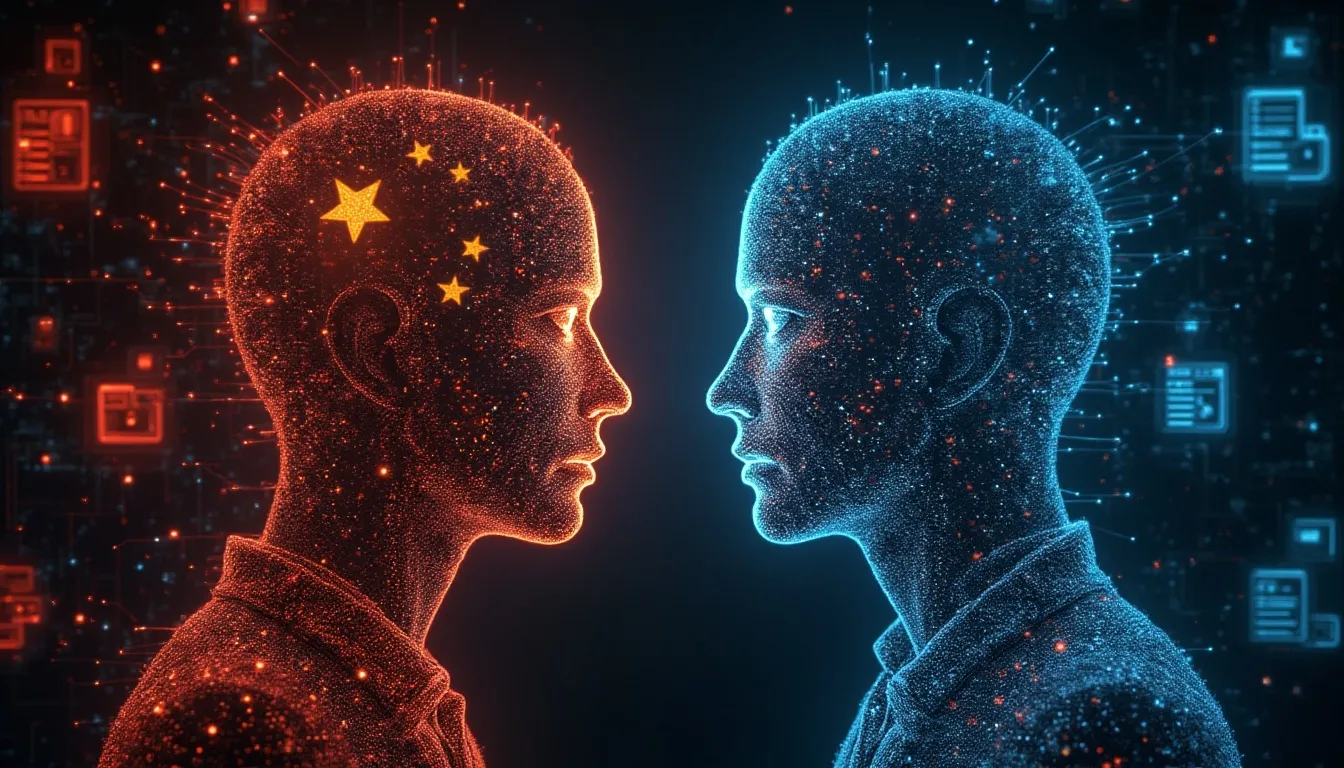 Illustrazione digitale che rappresenta la sorveglianza digitale e il confronto tra Cina e Occidente, con silhouette umane stilizzate, flussi di dati, icone di telecamere e social media in uno stile futuristico e distopico.