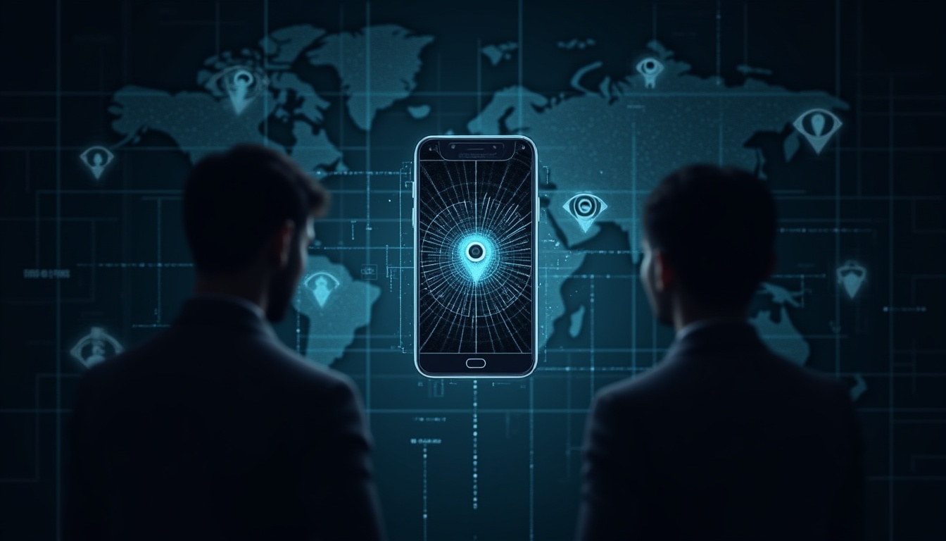 Smartphone al centro circondato da flussi di dati e pin di localizzazione, con figure ombrose e occhi invisibili che rappresentano tracking e sorveglianza digitale.
