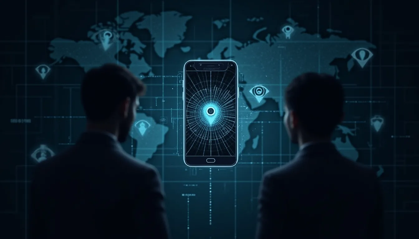 Smartphone al centro circondato da flussi di dati e pin di localizzazione, con figure ombrose e occhi invisibili che rappresentano tracking e sorveglianza digitale.