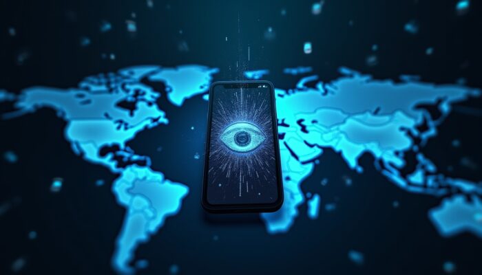 spyware israeliano: uno smartphone attraversato da flussi di dati e un occhio digitale che simboleggia Pegasus di NSO Group, sullo sfondo una mappa globale della sorveglianza.