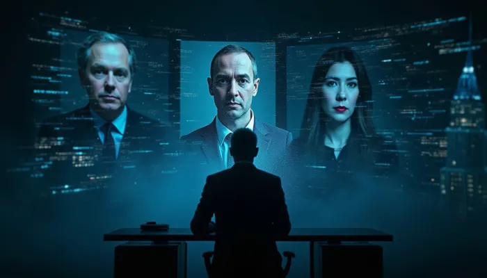 Illustrazione drammatica di una videoconferenza aziendale in cui i partecipanti, in realtà deepfake, mostrano volti che si deformano e glitch digitali, simbolo di una truffa deepfake multimilionaria connessa a Hong Kong.