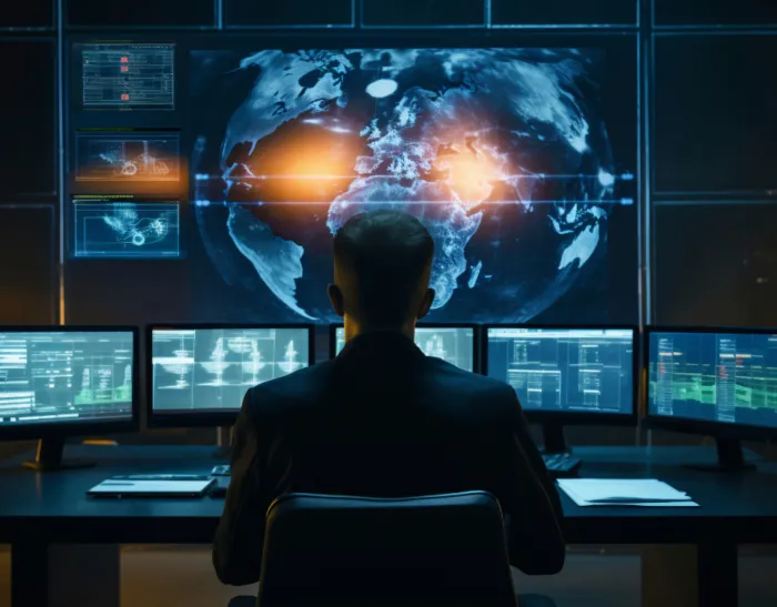 Chief Information Security Officer (CISO) discutendo strategie di cybersecurity con il top management in sala riunioni, presentando dashboard di rischio e metriche di sicurezza a un Consiglio di Amministrazione attento