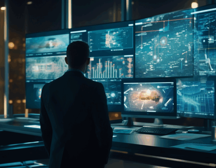 CISO analizzando dashboard di KPI di cybersecurity con il team dirigenziale, valutando metriche critiche come MTTR e percentuali di patching per ottimizzare la strategia di sicurezza informatica aziendale