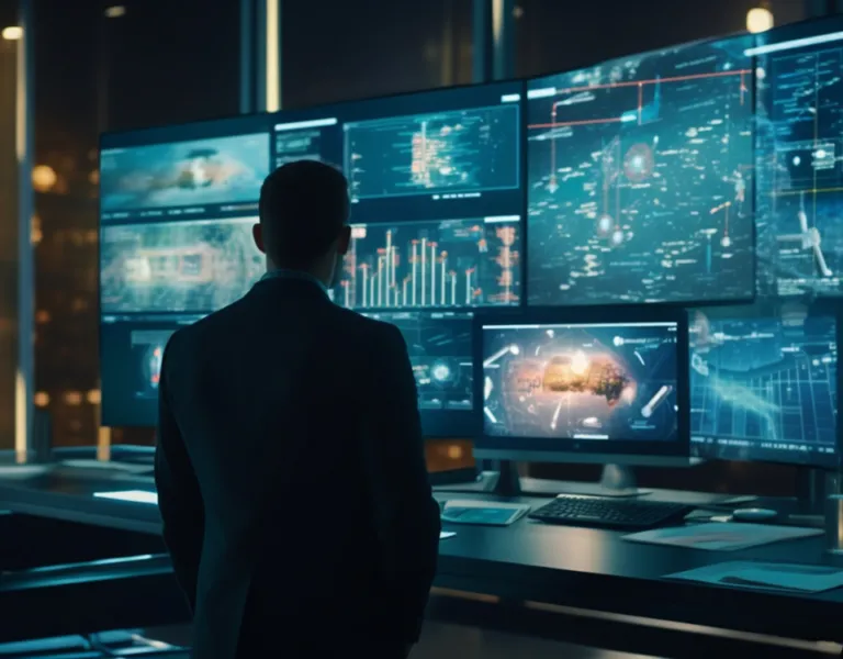CISO analizzando dashboard di KPI di cybersecurity con il team dirigenziale, valutando metriche critiche come MTTR e percentuali di patching per ottimizzare la strategia di sicurezza informatica aziendale