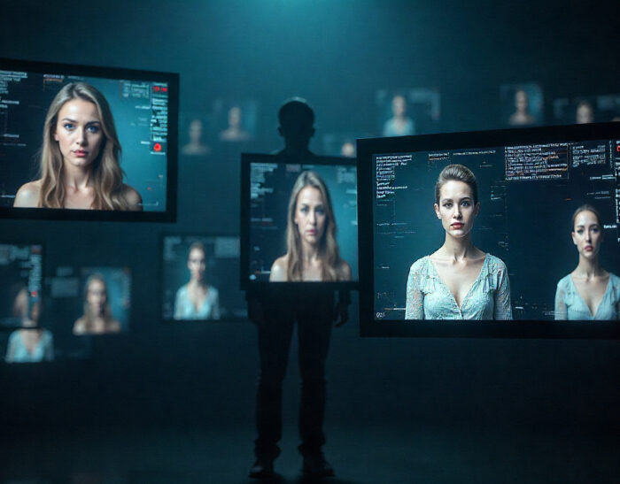 Schermata con più video deepfake che mostrano volti leggermente distorti e glitchati, evidenziando la manipolazione digitale e la difficoltà di distinguere realtà e illusione.