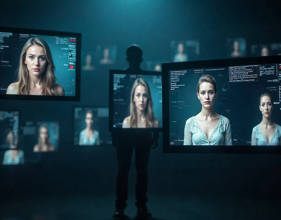 Schermata con più video deepfake che mostrano volti leggermente distorti e glitchati, evidenziando la manipolazione digitale e la difficoltà di distinguere realtà e illusione.