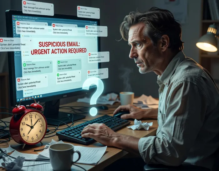 vulnerabilità al phishing che mostra come urgenza, curiosità e distrazione influenzano il comportamento degli utenti nel cliccare email sospette.
