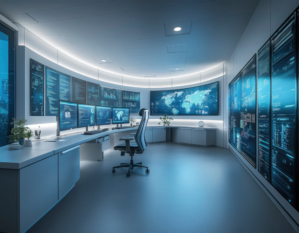 Security Operations Center con analisti cybersecurity, dashboard SIEM e tecnologie SOC integrate